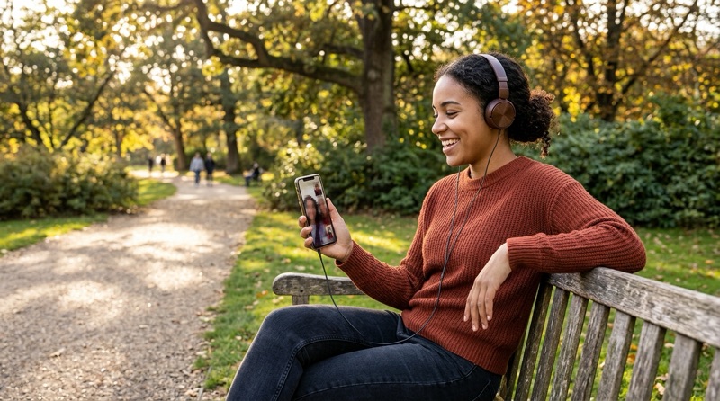 Chica en un banco del parque hablando por videollamada con el móvil