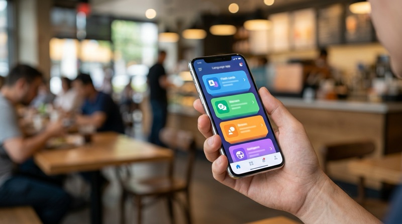 Móvil con una app para aprender idiomas en una cafetería