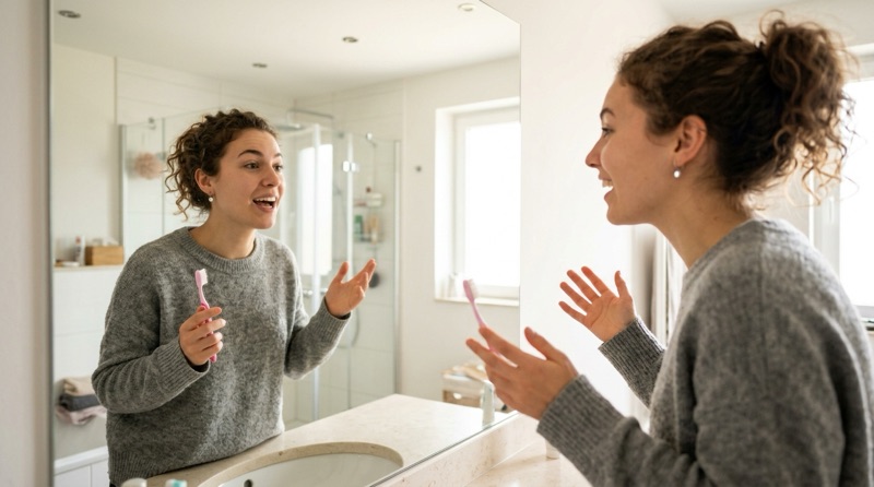 Chica practicando inglés en voz alta frente al espejo del baño