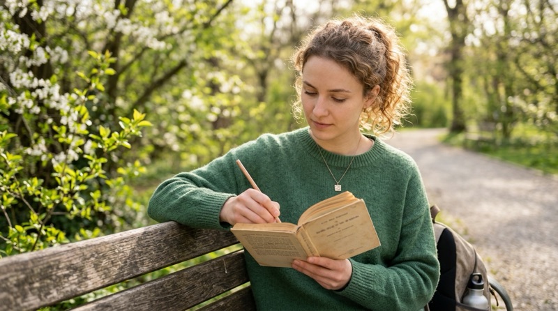 Chica leyendo un libro de cuentos en inglés y subrayando frases en un banco del parque