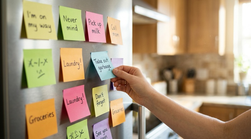 Notas adhesivas con frases cortas en inglés pegadas en la nevera