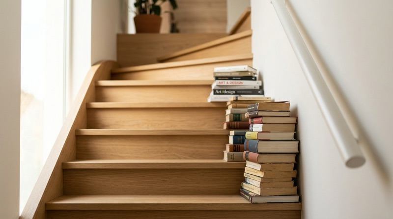 Escalera de madera con libros apilados en los peldaños