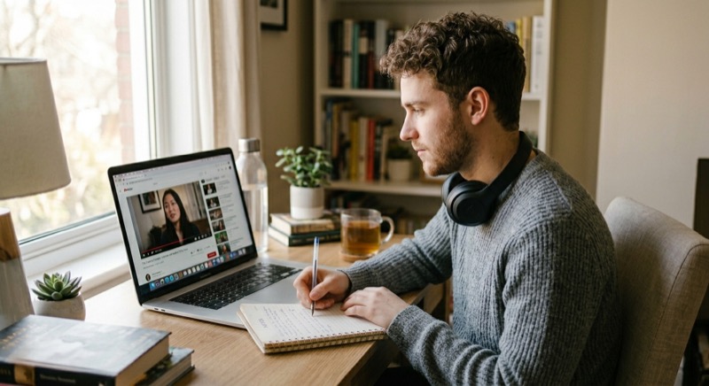 Persona tomando notas mientras ve una entrevista en YouTube