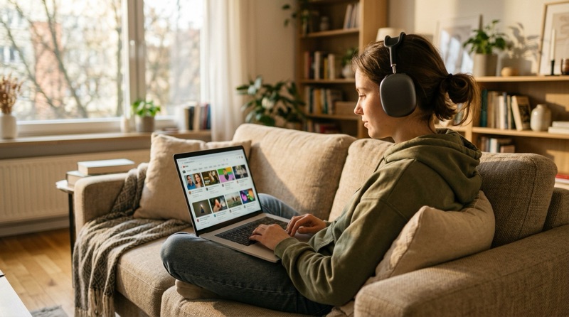 Woman browsing video channels on a laptop from the sofa
