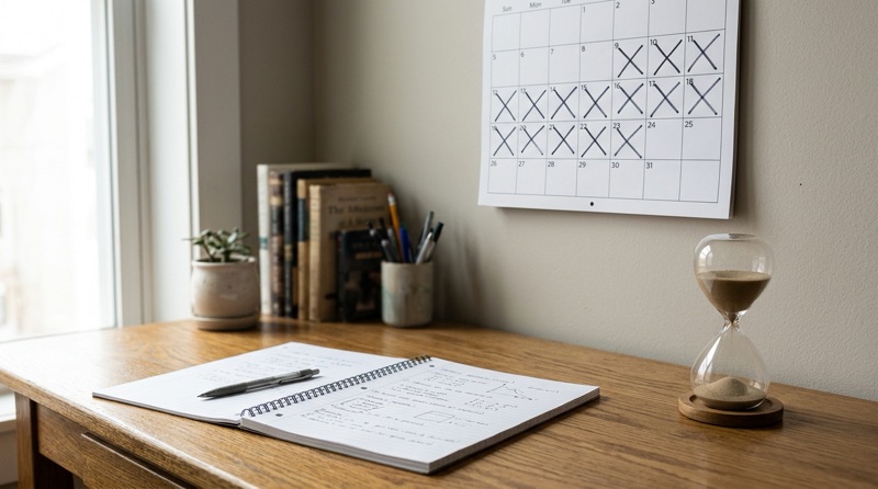 Calendario con semanas tachadas, un reloj de arena y un cuaderno de inglés sobre el escritorio
