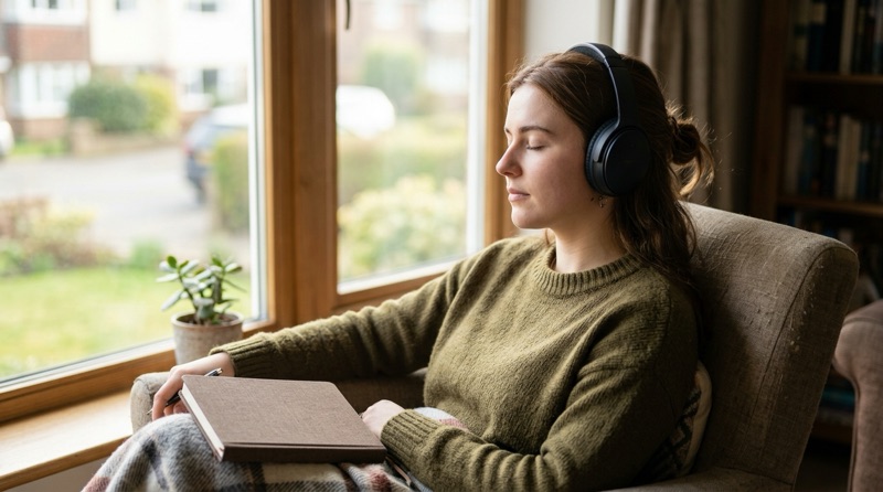Woman with headphones and her eyes closed listening by a window