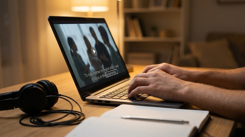 Laptop playing a video with headphones resting on the desk