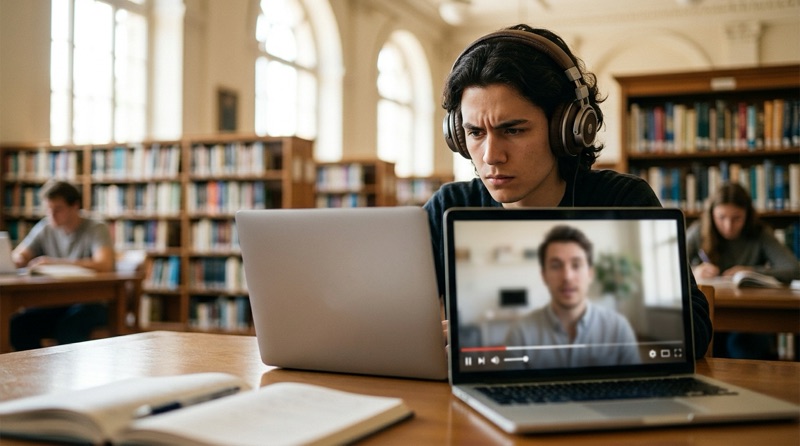Chico con auriculares viendo un vídeo en el portátil en una biblioteca