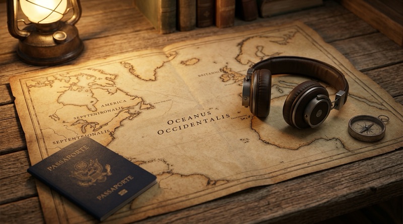 Mapa antiguo del Atlántico con unos auriculares, un pasaporte y una brújula
