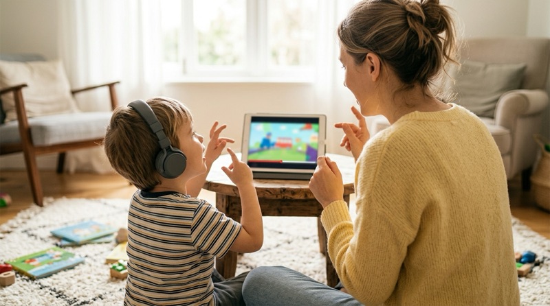 Madre y niño cantando y haciendo gestos frente a una tableta en el salón