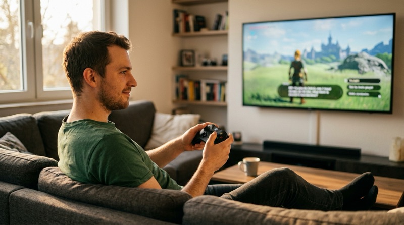 Chico jugando a un videojuego de aventuras en inglés en el sofá