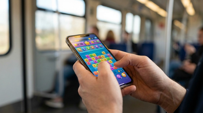 Manos jugando a un juego de palabras en el móvil dentro de un tren