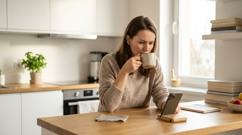 Woman with a cup of coffee checking her phone in the kitchen