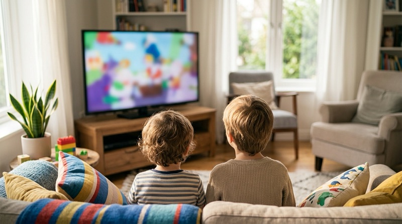 Two small children watching cartoons on television