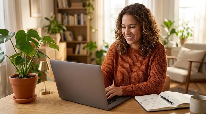 Woman watching a video on her laptop at home, smiling