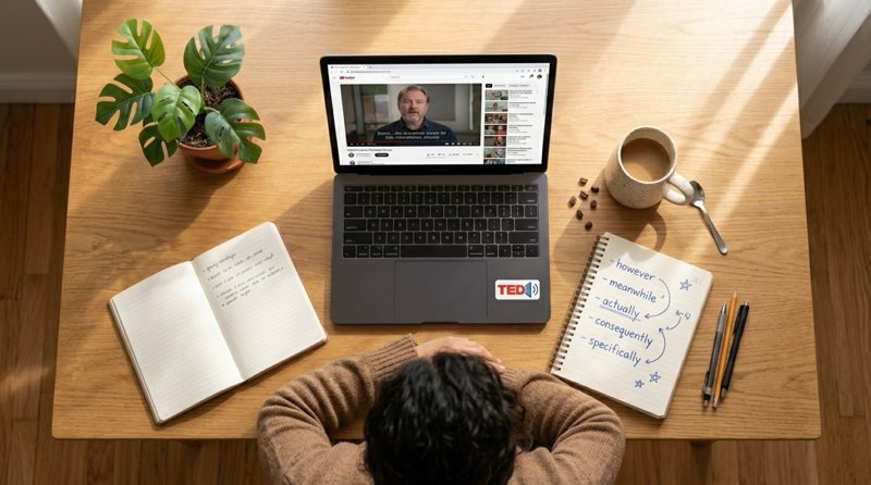 Laptop playing a video beside an open notebook and a pen