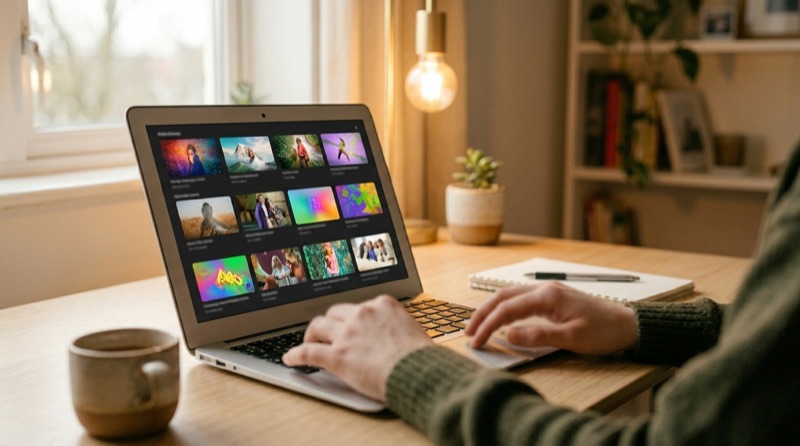 Laptop showing a grid of video thumbnails on a desk