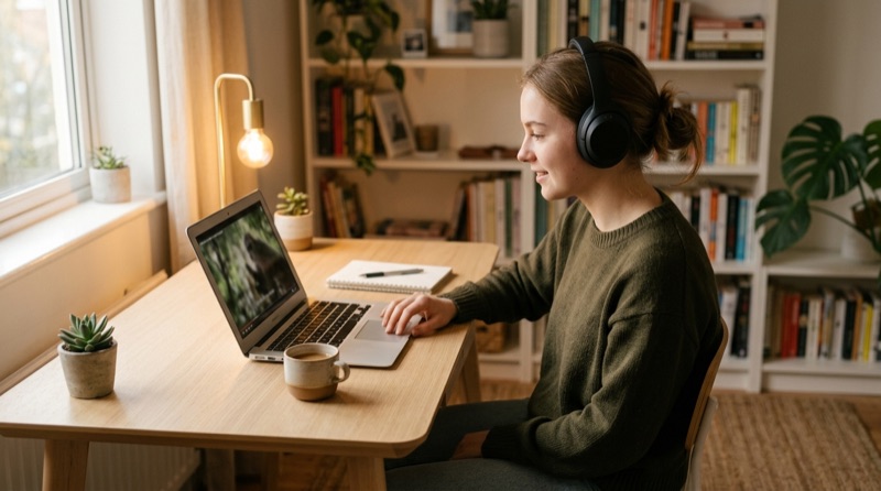 Young woman studying with a laptop and headphones by a window