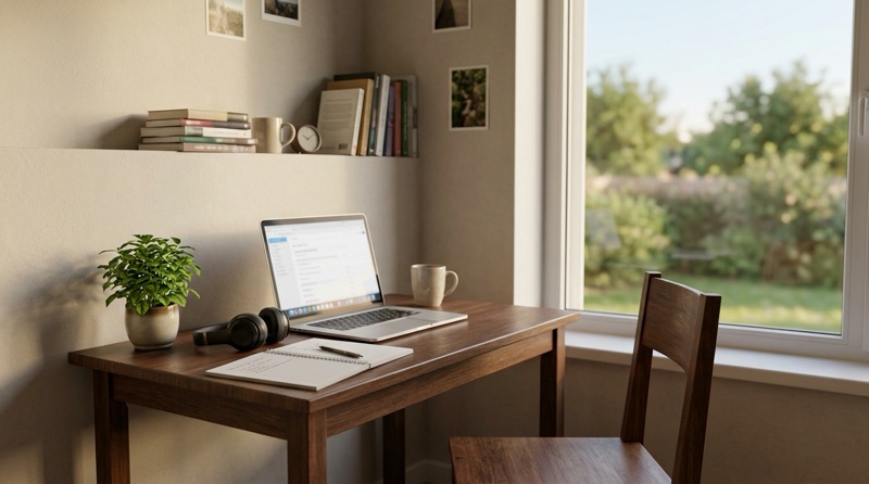 Quiet home desk with a laptop and headphones by a window