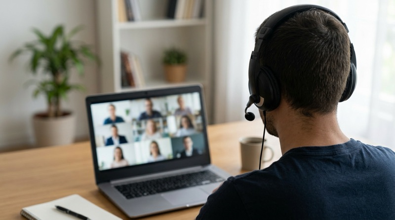 Man on a video call at his desk wearing a headset