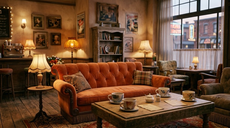 Cosy living room with armchairs and warm lamp light