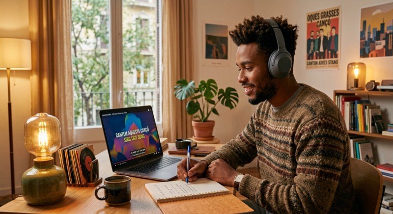 Man with headphones studying beside a record player