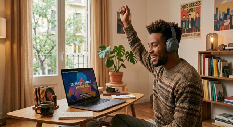 Man singing along with headphones on at his desk