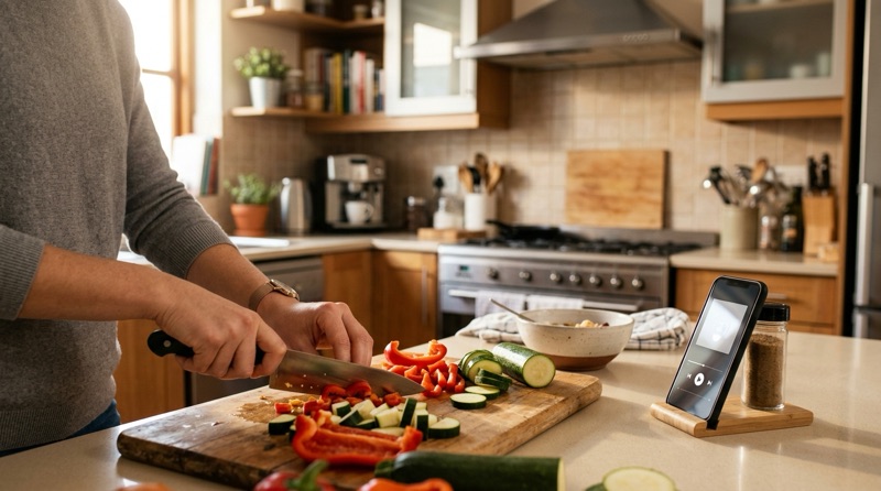 Person chopping vegetables with a phone playing audio nearby