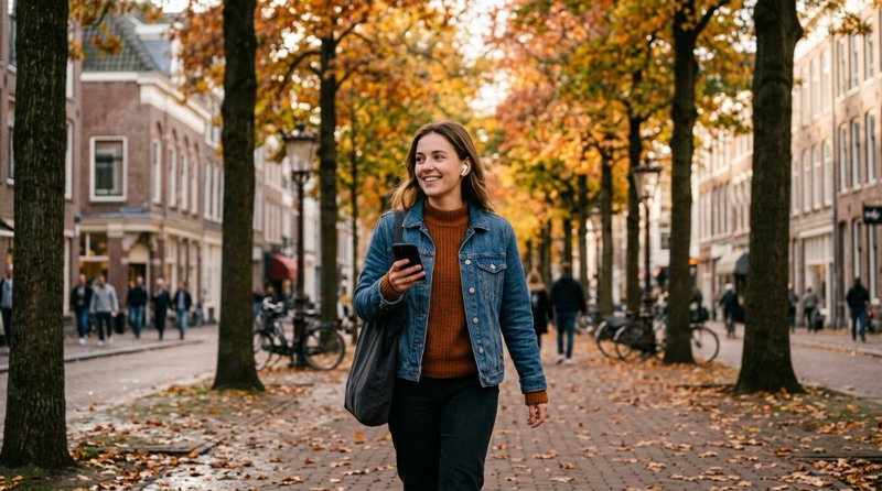 Woman walking down a tree-lined street with earphones in