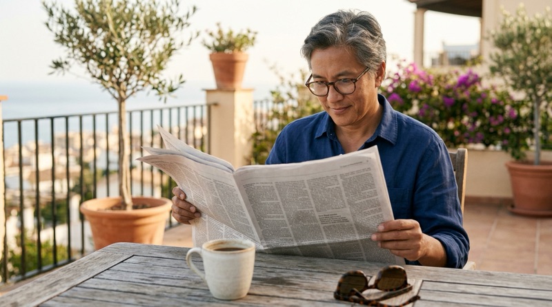 Man reading a newspaper on a sunny terrace