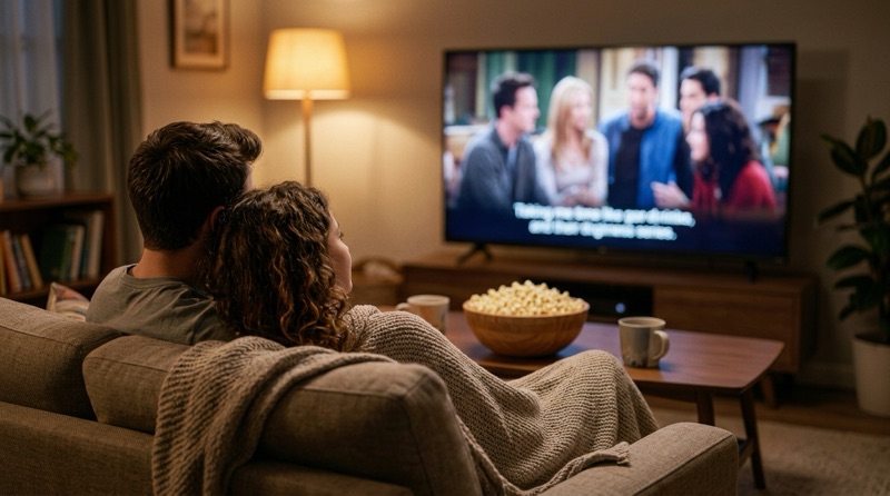 Couple watching a series on television from the sofa