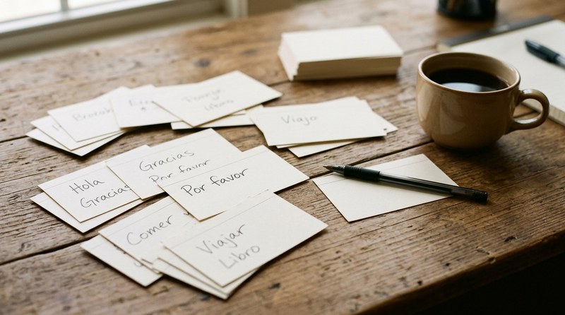 Handwritten Spanish flashcards spread out on a wooden table