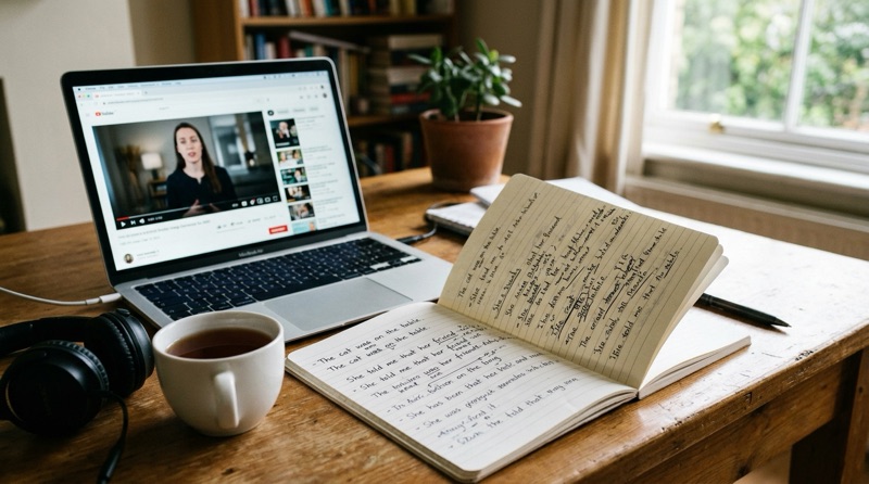 Portátil con un vídeo y una libreta con frases en inglés escritas a mano