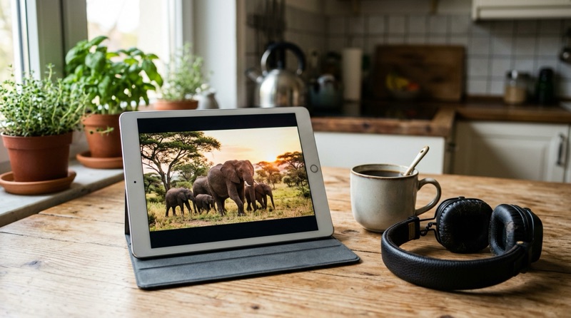Tableta con un documental de naturaleza junto a un café y unos auriculares