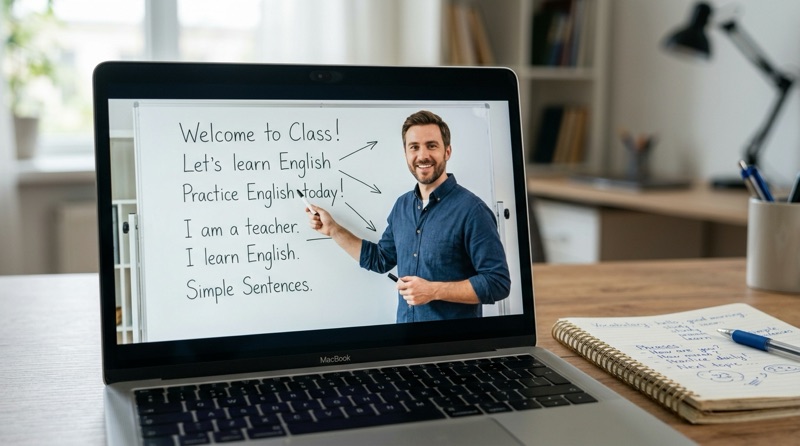 Profesor explicando frases sencillas en inglés en una pizarra, en la pantalla de un portátil