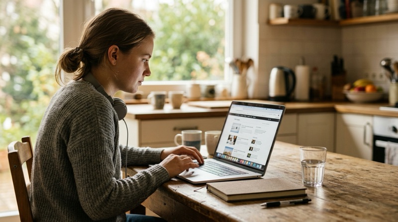 Chica estudiando inglés online con el portátil en la mesa de la cocina