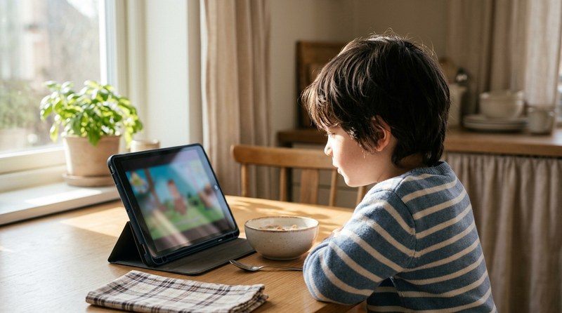 Child watching a video on a tablet at the kitchen table