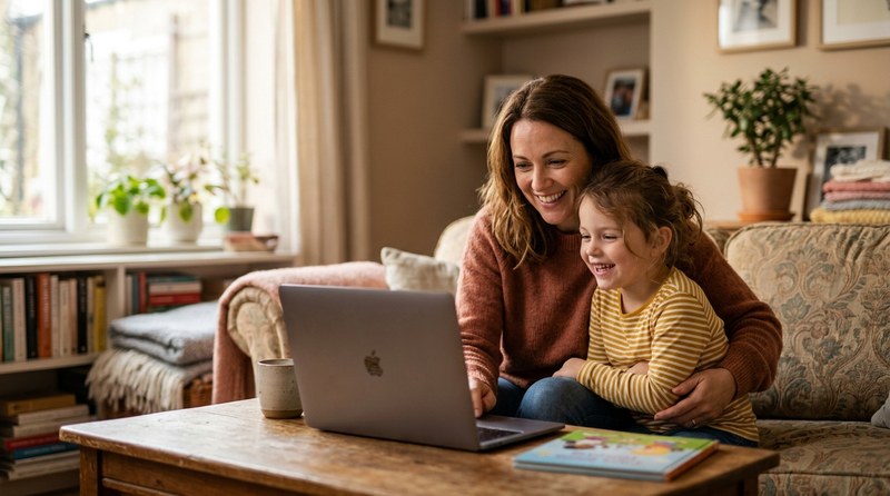Mother and daughter watching a video together on a laptop