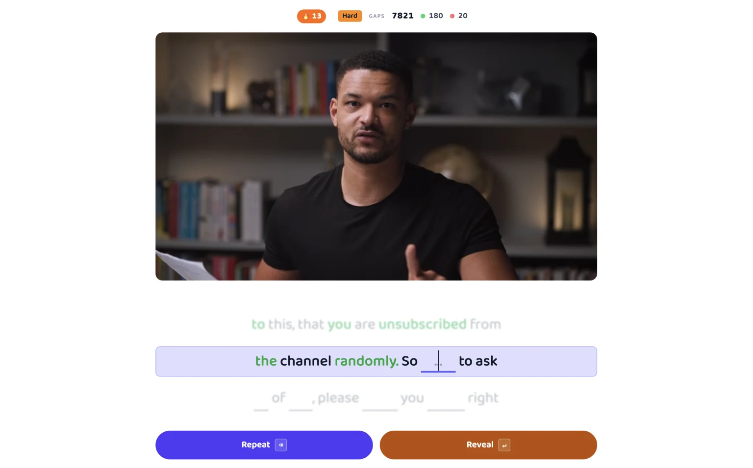 Gappier in a browser: a YouTube video playing, and under it the subtitle line with several words replaced by blanks, one of them being typed.