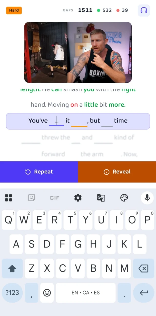 The same exercise on a phone, with the keyboard open and the counters for gaps hit and missed at the top.